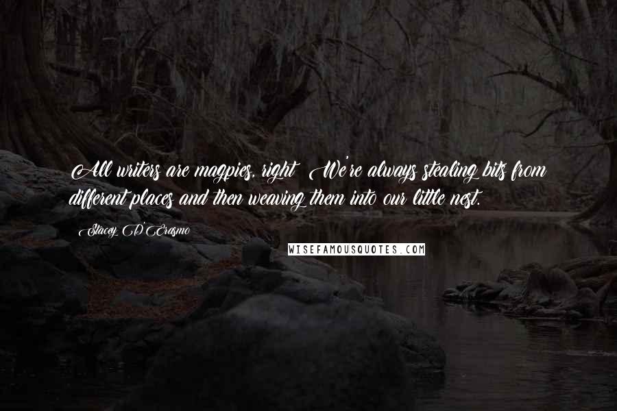 Stacey D'Erasmo Quotes: All writers are magpies, right? We're always stealing bits from different places and then weaving them into our little nest.