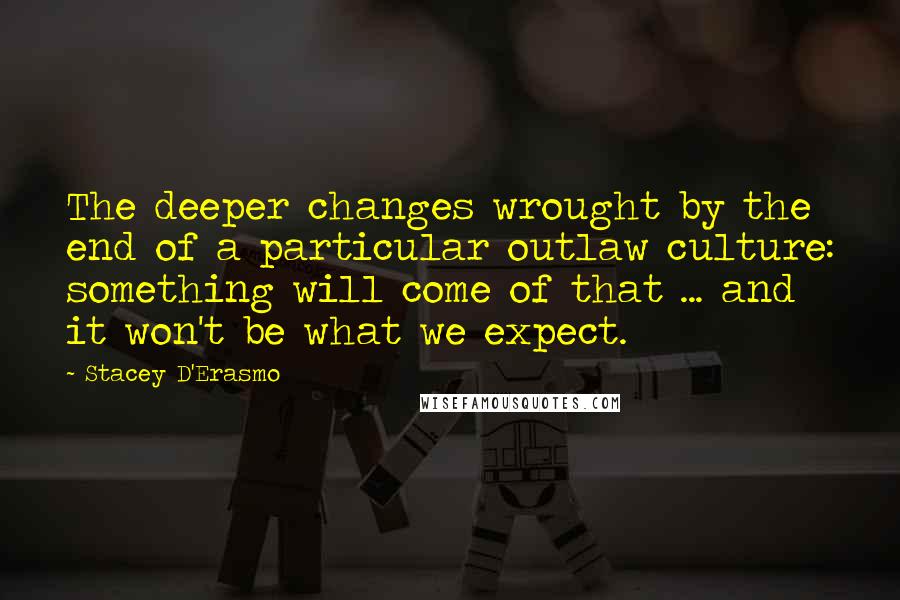 Stacey D'Erasmo Quotes: The deeper changes wrought by the end of a particular outlaw culture: something will come of that ... and it won't be what we expect.