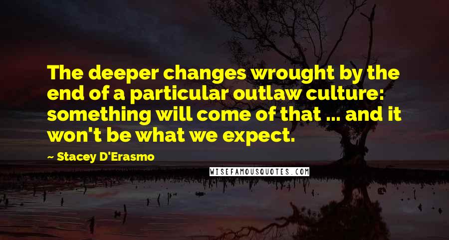 Stacey D'Erasmo Quotes: The deeper changes wrought by the end of a particular outlaw culture: something will come of that ... and it won't be what we expect.