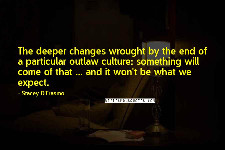 Stacey D'Erasmo Quotes: The deeper changes wrought by the end of a particular outlaw culture: something will come of that ... and it won't be what we expect.