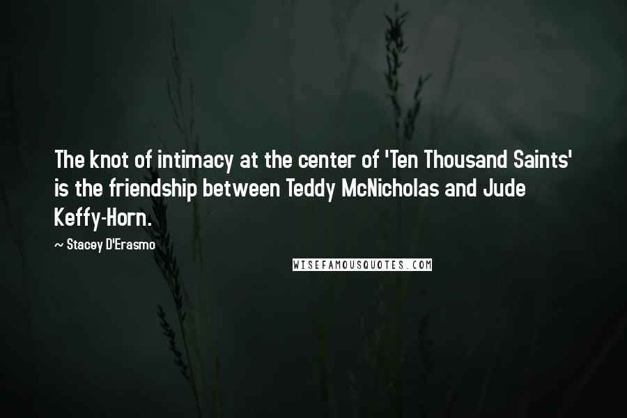 Stacey D'Erasmo Quotes: The knot of intimacy at the center of 'Ten Thousand Saints' is the friendship between Teddy McNicholas and Jude Keffy-Horn.