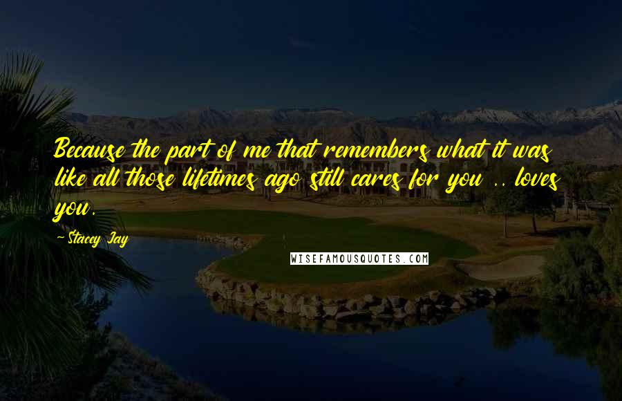 Stacey Jay Quotes: Because the part of me that remembers what it was like all those lifetimes ago still cares for you .. loves you.