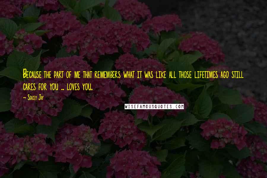 Stacey Jay Quotes: Because the part of me that remembers what it was like all those lifetimes ago still cares for you .. loves you.