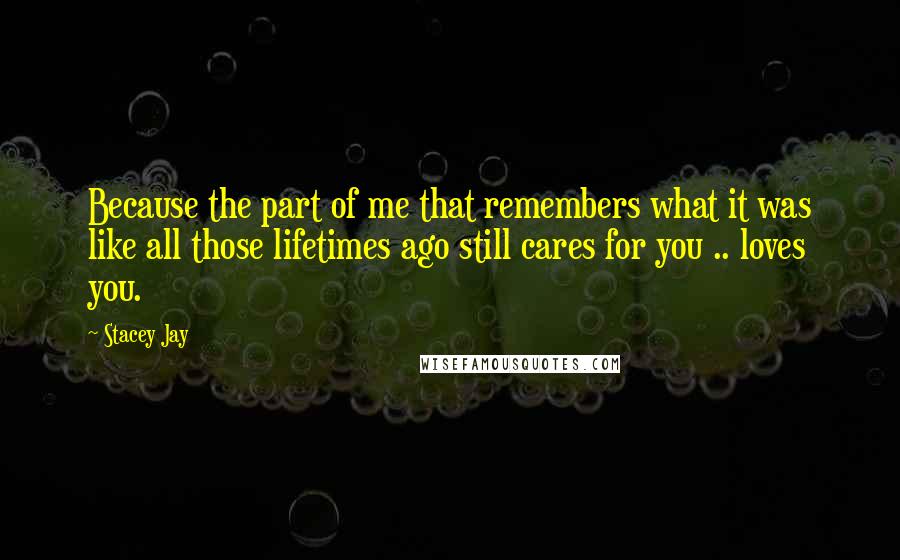 Stacey Jay Quotes: Because the part of me that remembers what it was like all those lifetimes ago still cares for you .. loves you.