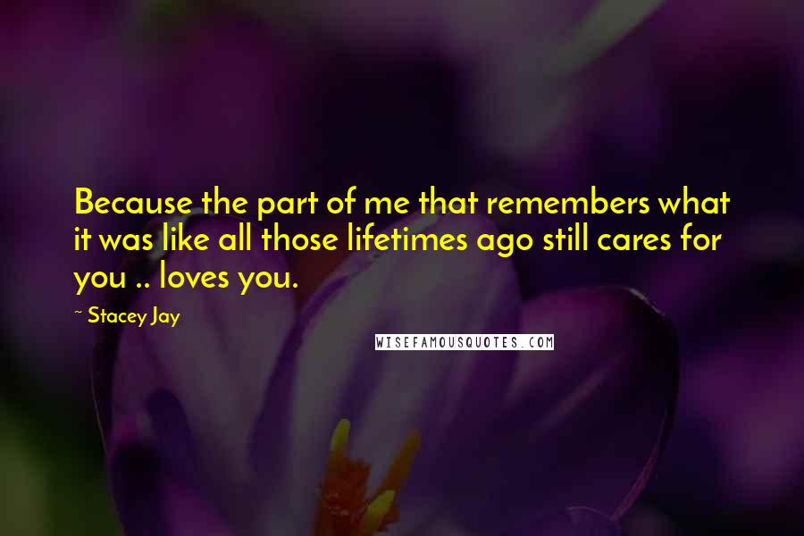 Stacey Jay Quotes: Because the part of me that remembers what it was like all those lifetimes ago still cares for you .. loves you.