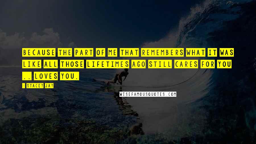 Stacey Jay Quotes: Because the part of me that remembers what it was like all those lifetimes ago still cares for you .. loves you.