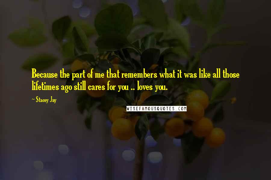 Stacey Jay Quotes: Because the part of me that remembers what it was like all those lifetimes ago still cares for you .. loves you.