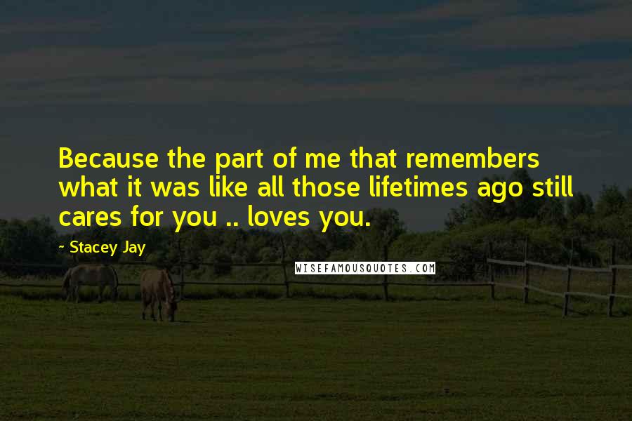 Stacey Jay Quotes: Because the part of me that remembers what it was like all those lifetimes ago still cares for you .. loves you.