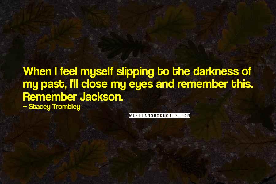 Stacey Trombley Quotes: When I feel myself slipping to the darkness of my past, I'll close my eyes and remember this. Remember Jackson.