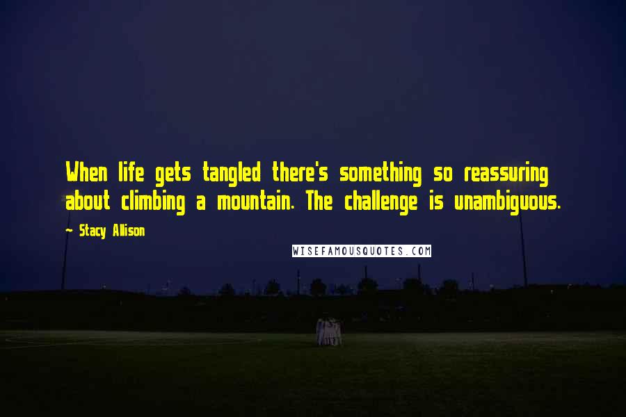 Stacy Allison Quotes: When life gets tangled there's something so reassuring about climbing a mountain. The challenge is unambiguous.