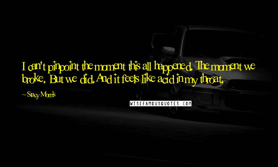 Stacy Morris Quotes: I can't pinpoint the moment this all happened. The moment we broke. But we did.And it feels like acid in my throat.