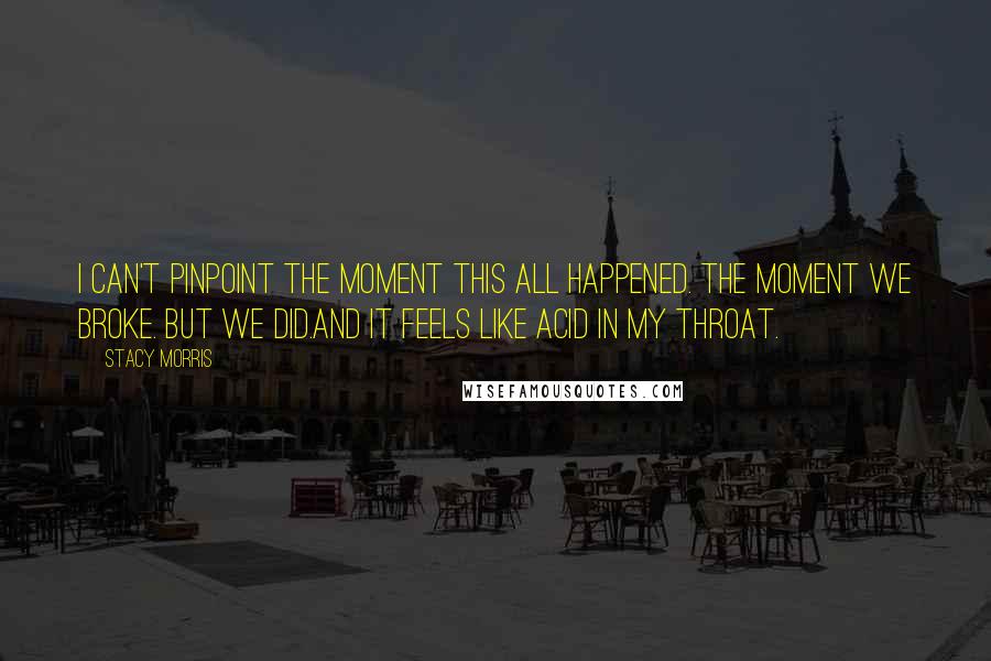 Stacy Morris Quotes: I can't pinpoint the moment this all happened. The moment we broke. But we did.And it feels like acid in my throat.