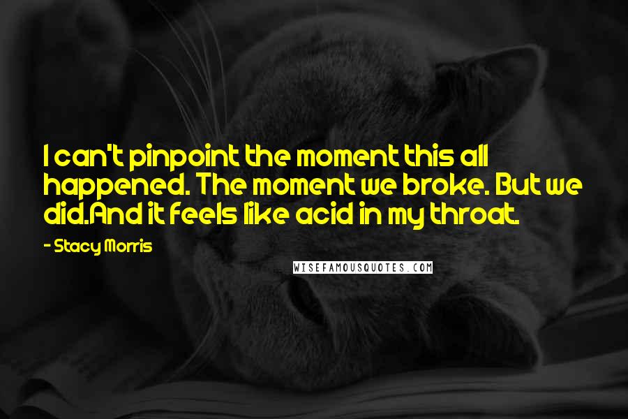 Stacy Morris Quotes: I can't pinpoint the moment this all happened. The moment we broke. But we did.And it feels like acid in my throat.