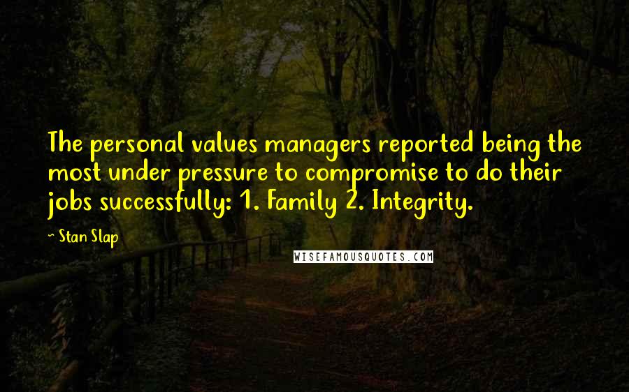 Stan Slap Quotes: The personal values managers reported being the most under pressure to compromise to do their jobs successfully: 1. Family 2. Integrity.