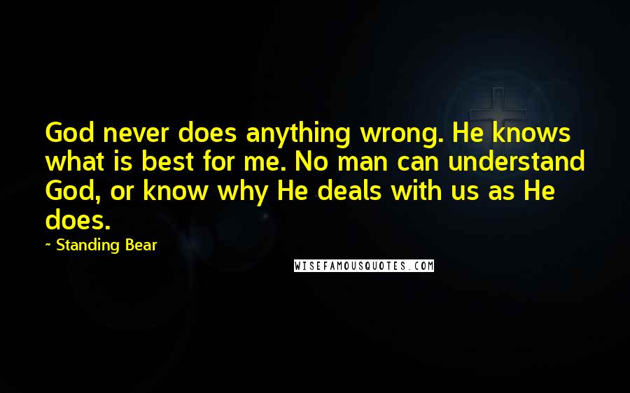 Standing Bear Quotes: God never does anything wrong. He knows what is best for me. No man can understand God, or know why He deals with us as He does.