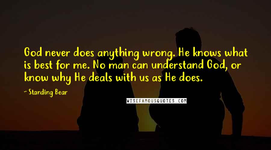 Standing Bear Quotes: God never does anything wrong. He knows what is best for me. No man can understand God, or know why He deals with us as He does.