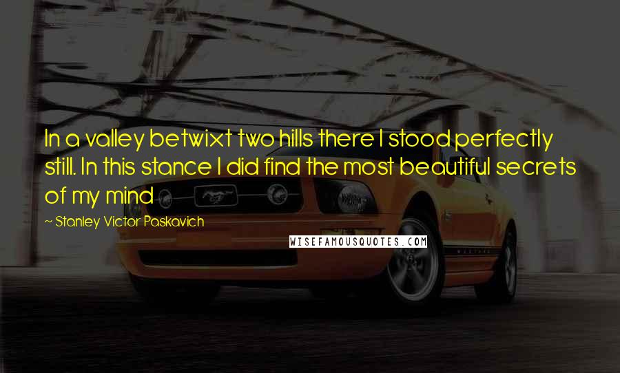 Stanley Victor Paskavich Quotes: In a valley betwixt two hills there I stood perfectly still. In this stance I did find the most beautiful secrets of my mind