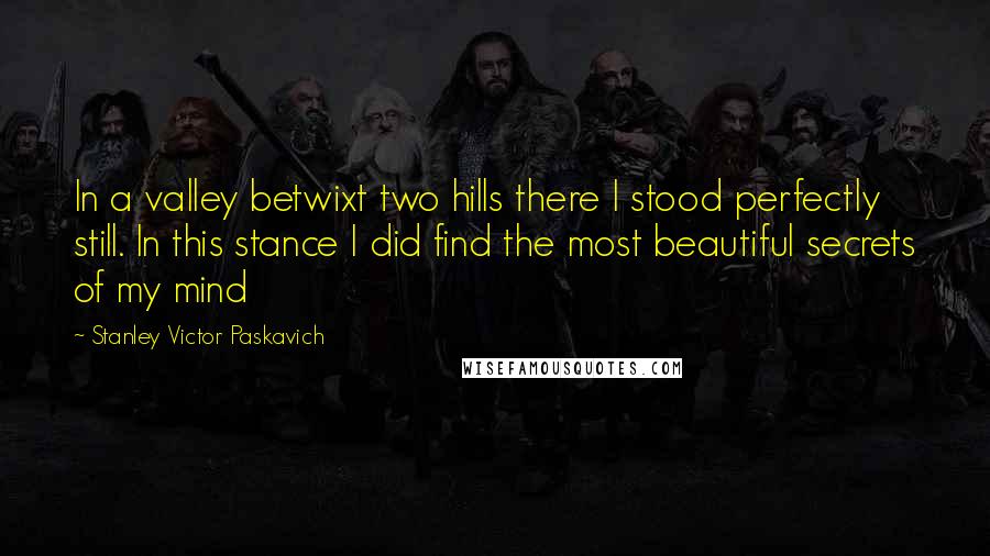 Stanley Victor Paskavich Quotes: In a valley betwixt two hills there I stood perfectly still. In this stance I did find the most beautiful secrets of my mind