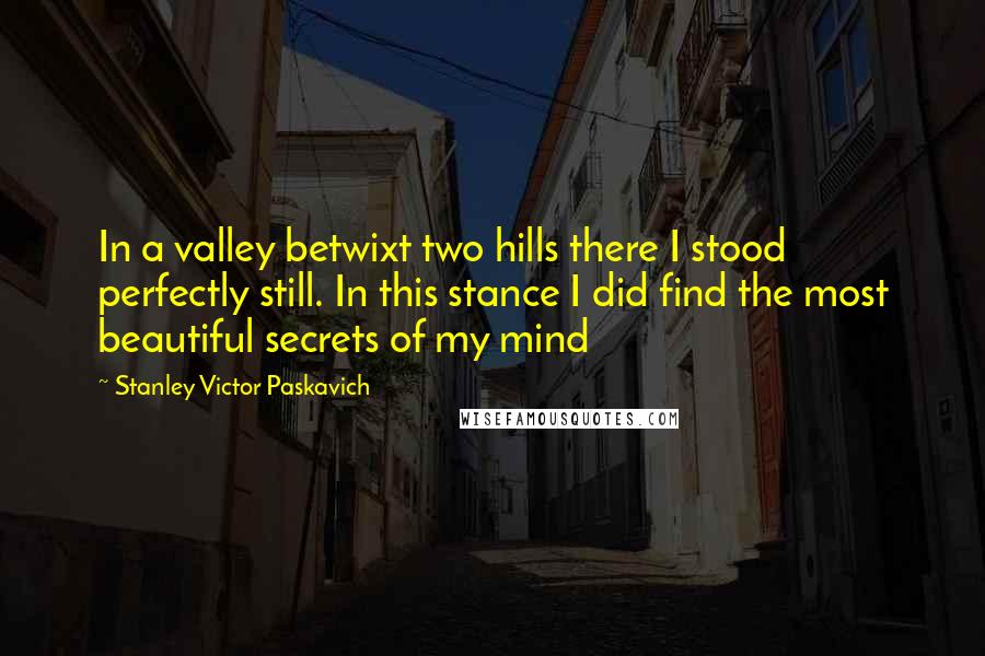 Stanley Victor Paskavich Quotes: In a valley betwixt two hills there I stood perfectly still. In this stance I did find the most beautiful secrets of my mind