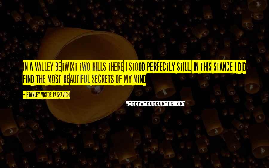 Stanley Victor Paskavich Quotes: In a valley betwixt two hills there I stood perfectly still. In this stance I did find the most beautiful secrets of my mind