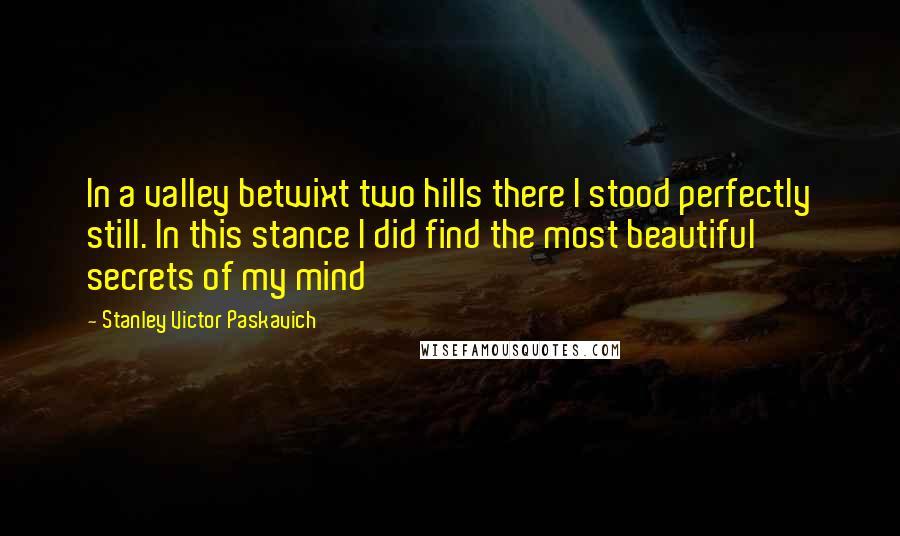 Stanley Victor Paskavich Quotes: In a valley betwixt two hills there I stood perfectly still. In this stance I did find the most beautiful secrets of my mind