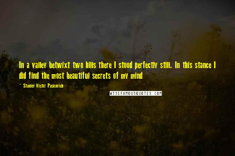 Stanley Victor Paskavich Quotes: In a valley betwixt two hills there I stood perfectly still. In this stance I did find the most beautiful secrets of my mind