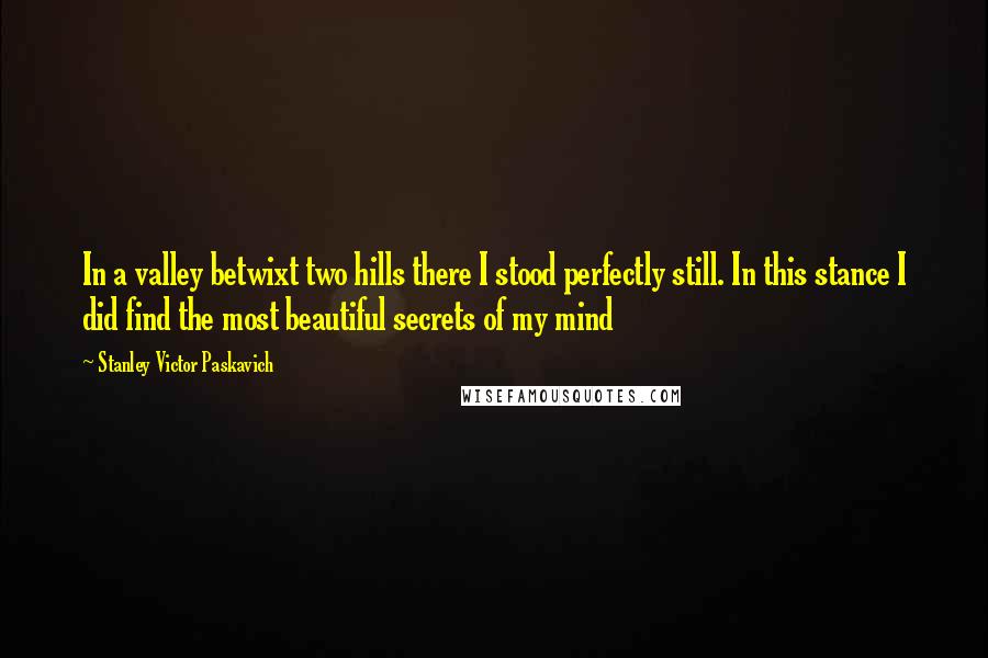 Stanley Victor Paskavich Quotes: In a valley betwixt two hills there I stood perfectly still. In this stance I did find the most beautiful secrets of my mind