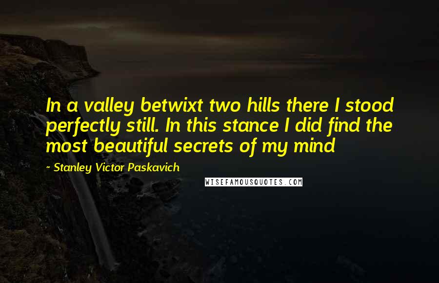 Stanley Victor Paskavich Quotes: In a valley betwixt two hills there I stood perfectly still. In this stance I did find the most beautiful secrets of my mind