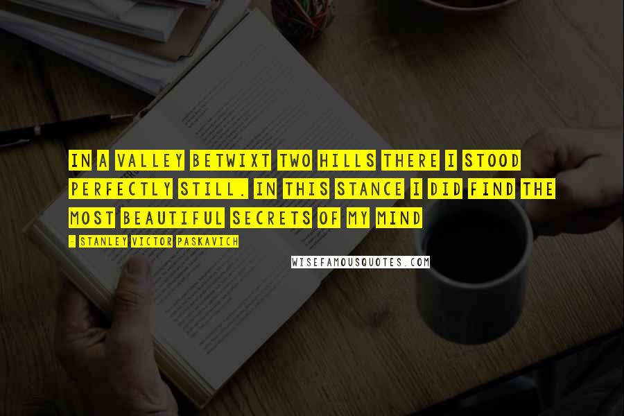 Stanley Victor Paskavich Quotes: In a valley betwixt two hills there I stood perfectly still. In this stance I did find the most beautiful secrets of my mind