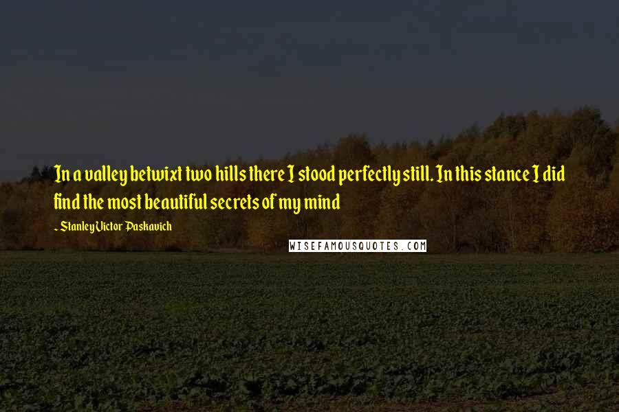 Stanley Victor Paskavich Quotes: In a valley betwixt two hills there I stood perfectly still. In this stance I did find the most beautiful secrets of my mind