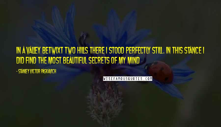 Stanley Victor Paskavich Quotes: In a valley betwixt two hills there I stood perfectly still. In this stance I did find the most beautiful secrets of my mind