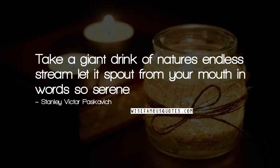 Stanley Victor Paskavich Quotes: Take a giant drink of natures endless stream let it spout from your mouth in words so serene.