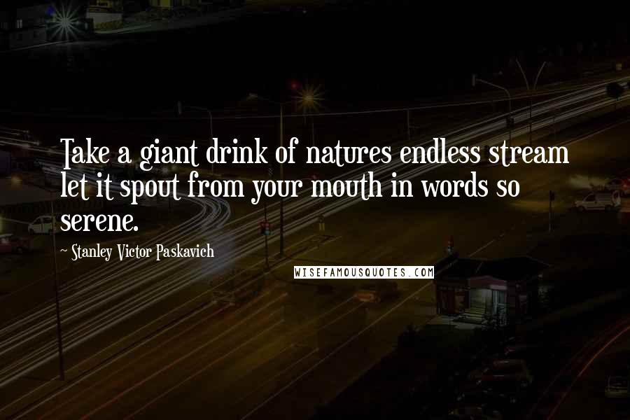 Stanley Victor Paskavich Quotes: Take a giant drink of natures endless stream let it spout from your mouth in words so serene.