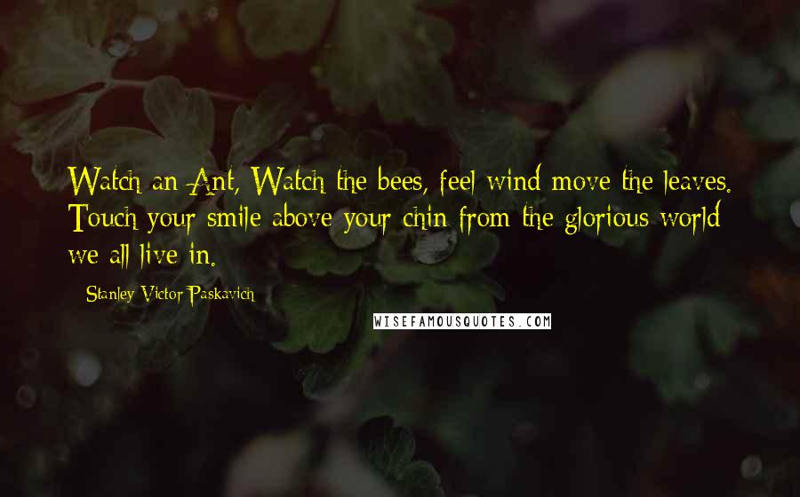 Stanley Victor Paskavich Quotes: Watch an Ant, Watch the bees, feel wind move the leaves. Touch your smile above your chin from the glorious world we all live in.