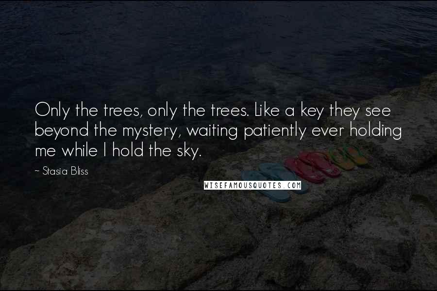 Stasia Bliss Quotes: Only the trees, only the trees. Like a key they see beyond the mystery, waiting patiently ever holding me while I hold the sky.