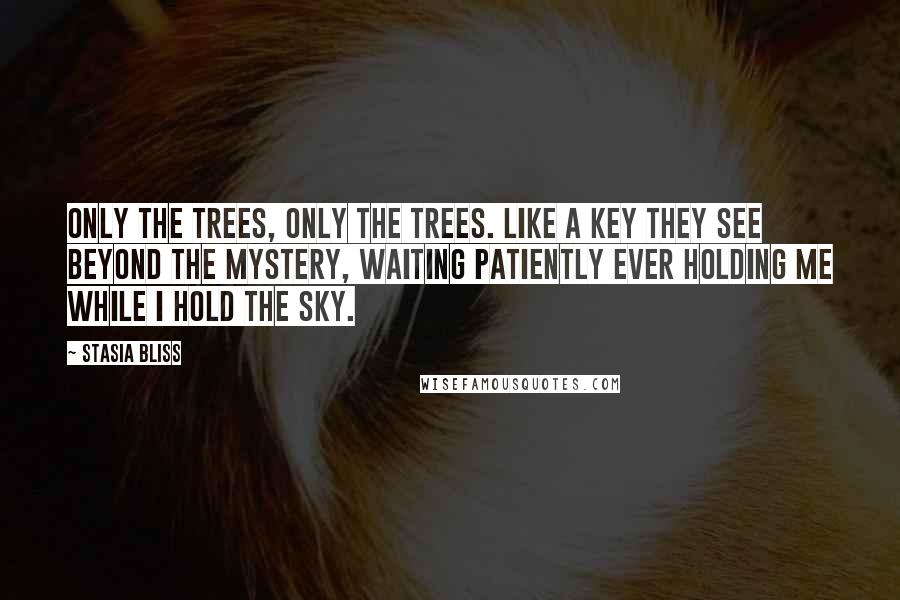 Stasia Bliss Quotes: Only the trees, only the trees. Like a key they see beyond the mystery, waiting patiently ever holding me while I hold the sky.