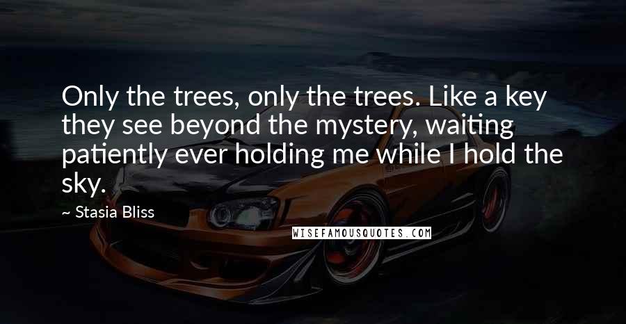 Stasia Bliss Quotes: Only the trees, only the trees. Like a key they see beyond the mystery, waiting patiently ever holding me while I hold the sky.