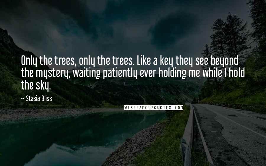 Stasia Bliss Quotes: Only the trees, only the trees. Like a key they see beyond the mystery, waiting patiently ever holding me while I hold the sky.