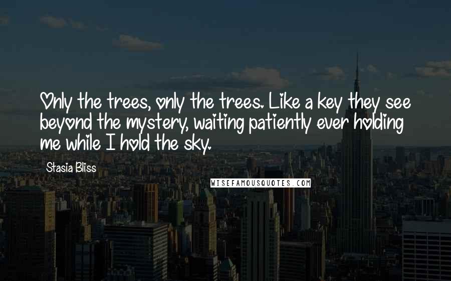 Stasia Bliss Quotes: Only the trees, only the trees. Like a key they see beyond the mystery, waiting patiently ever holding me while I hold the sky.