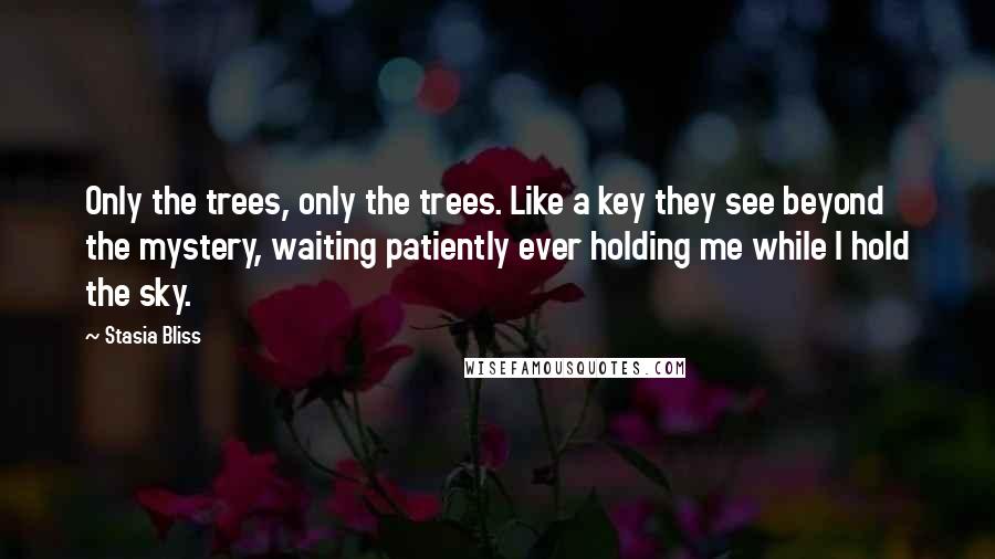 Stasia Bliss Quotes: Only the trees, only the trees. Like a key they see beyond the mystery, waiting patiently ever holding me while I hold the sky.