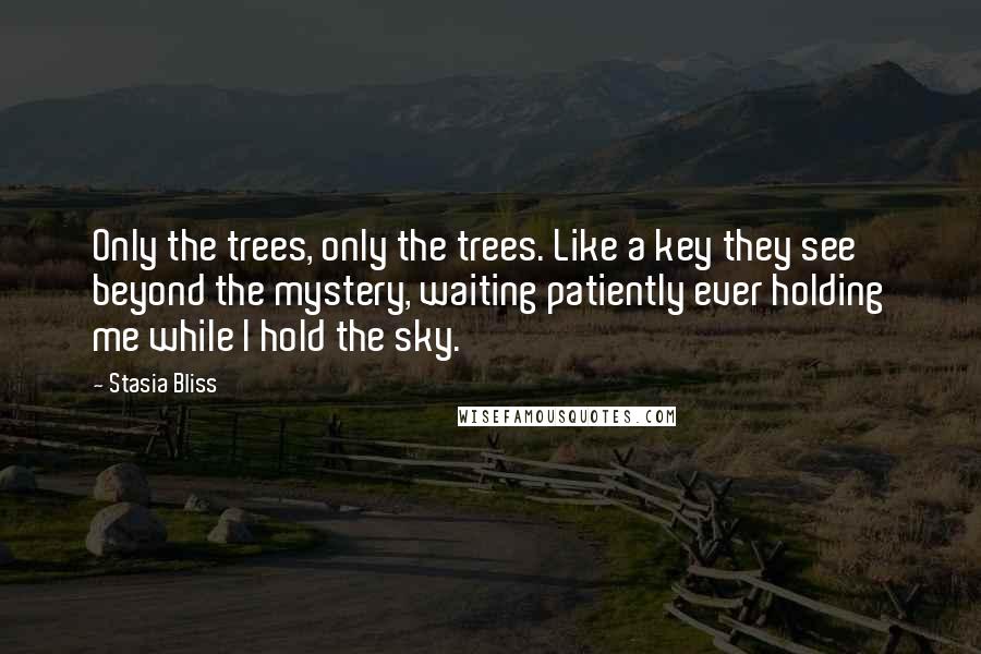 Stasia Bliss Quotes: Only the trees, only the trees. Like a key they see beyond the mystery, waiting patiently ever holding me while I hold the sky.