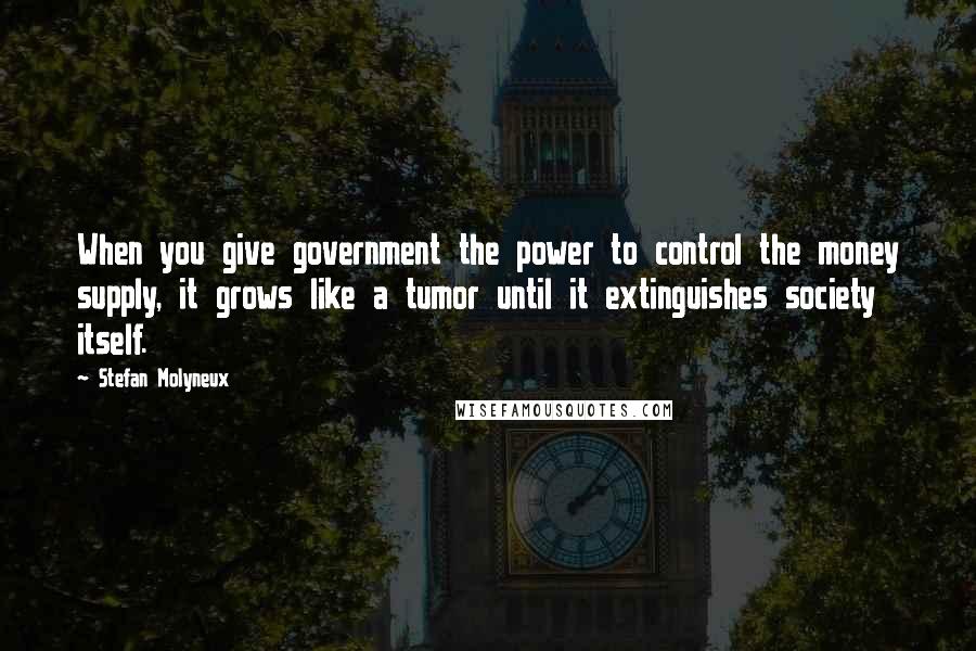Stefan Molyneux Quotes: When you give government the power to control the money supply, it grows like a tumor until it extinguishes society itself.