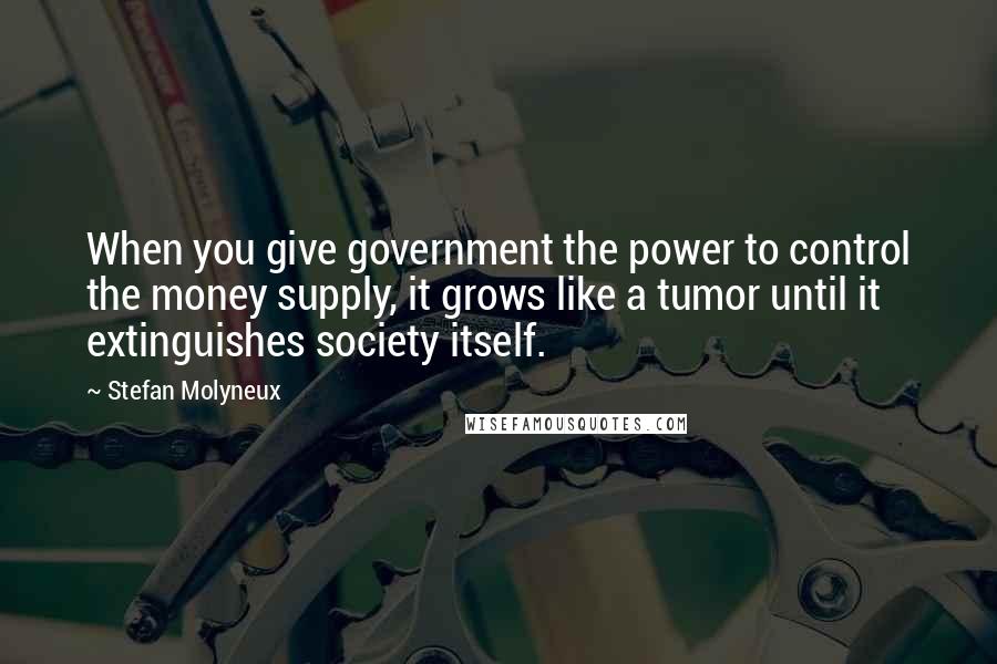 Stefan Molyneux Quotes: When you give government the power to control the money supply, it grows like a tumor until it extinguishes society itself.