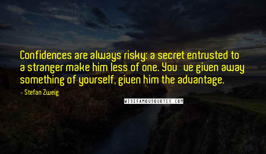 Stefan Zweig Quotes: Confidences are always risky: a secret entrusted to a stranger make him less of one. You've given away something of yourself, given him the advantage.
