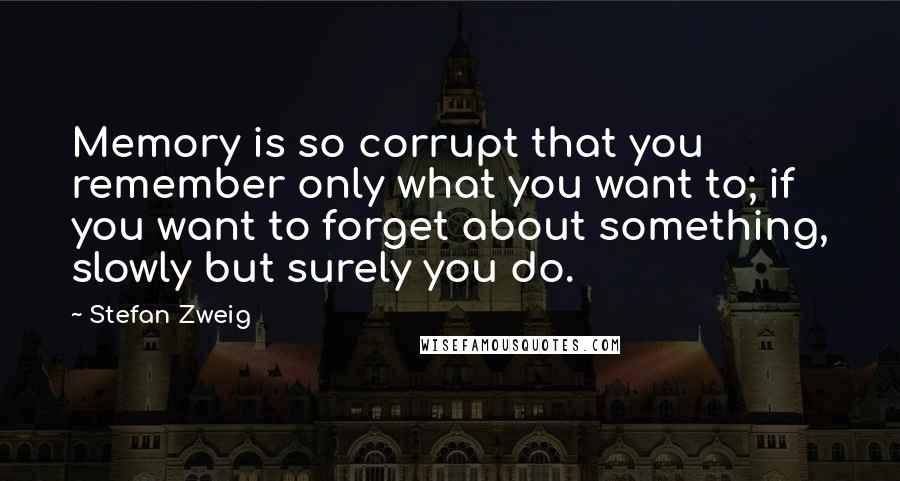 Stefan Zweig Quotes: Memory is so corrupt that you remember only what you want to; if you want to forget about something, slowly but surely you do.