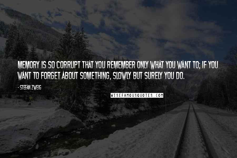 Stefan Zweig Quotes: Memory is so corrupt that you remember only what you want to; if you want to forget about something, slowly but surely you do.