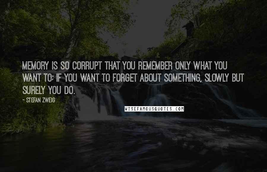 Stefan Zweig Quotes: Memory is so corrupt that you remember only what you want to; if you want to forget about something, slowly but surely you do.