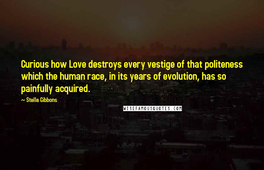 Stella Gibbons Quotes: Curious how Love destroys every vestige of that politeness which the human race, in its years of evolution, has so painfully acquired.