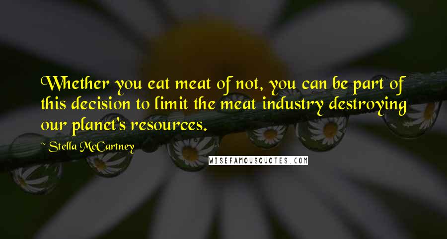 Stella McCartney Quotes: Whether you eat meat of not, you can be part of this decision to limit the meat industry destroying our planet's resources.