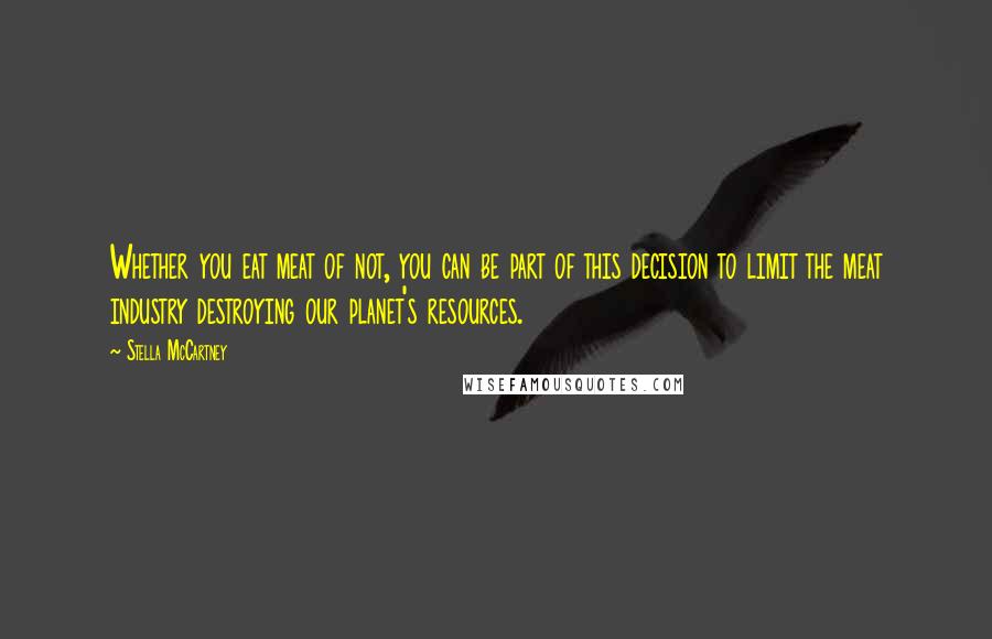 Stella McCartney Quotes: Whether you eat meat of not, you can be part of this decision to limit the meat industry destroying our planet's resources.